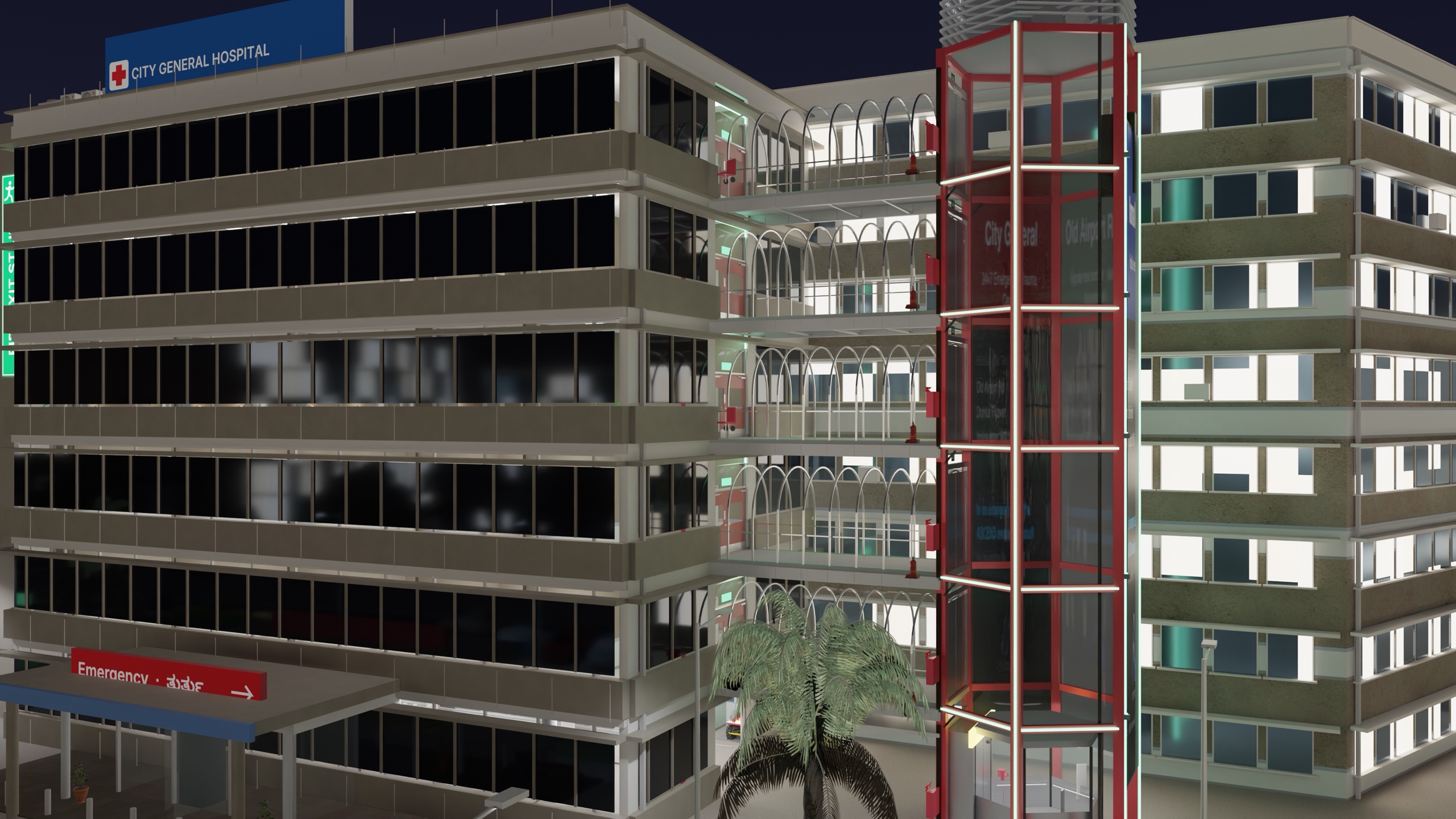 ASCEND lift tower beside a hospital at night