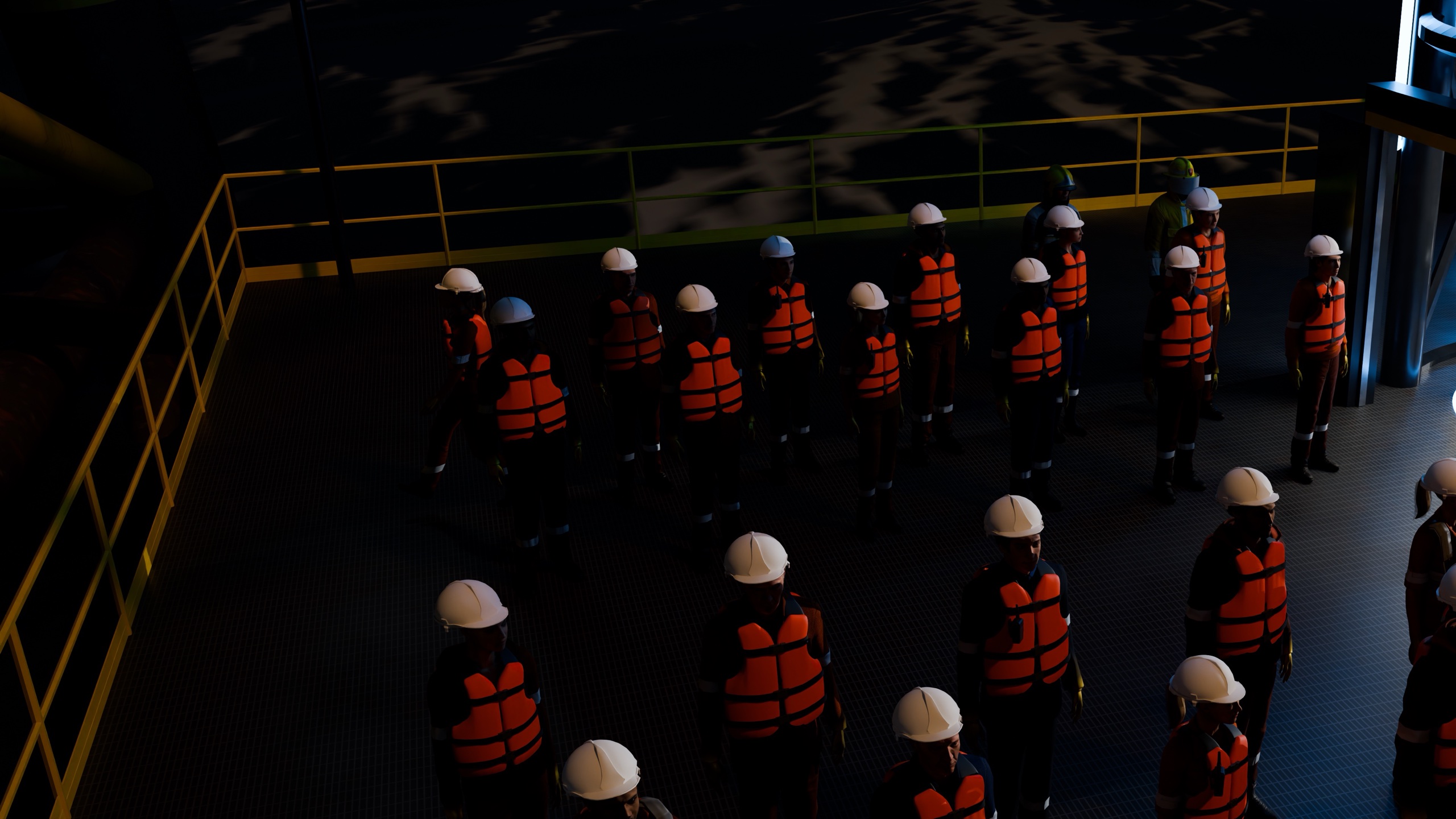 Rig crew in life jackets mustering