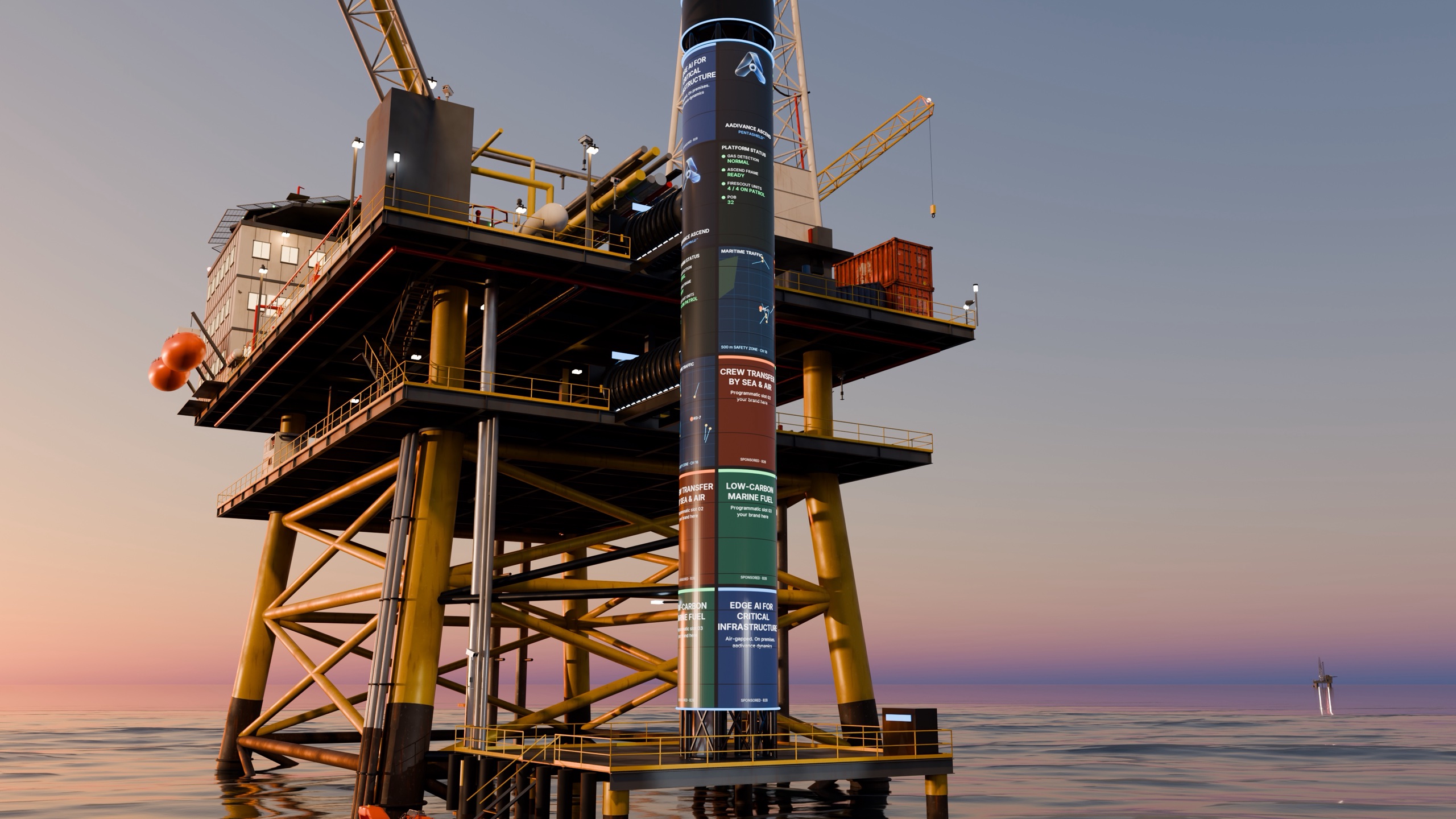 Offshore oil platform at dusk with the ASCEND lift tower on its leg